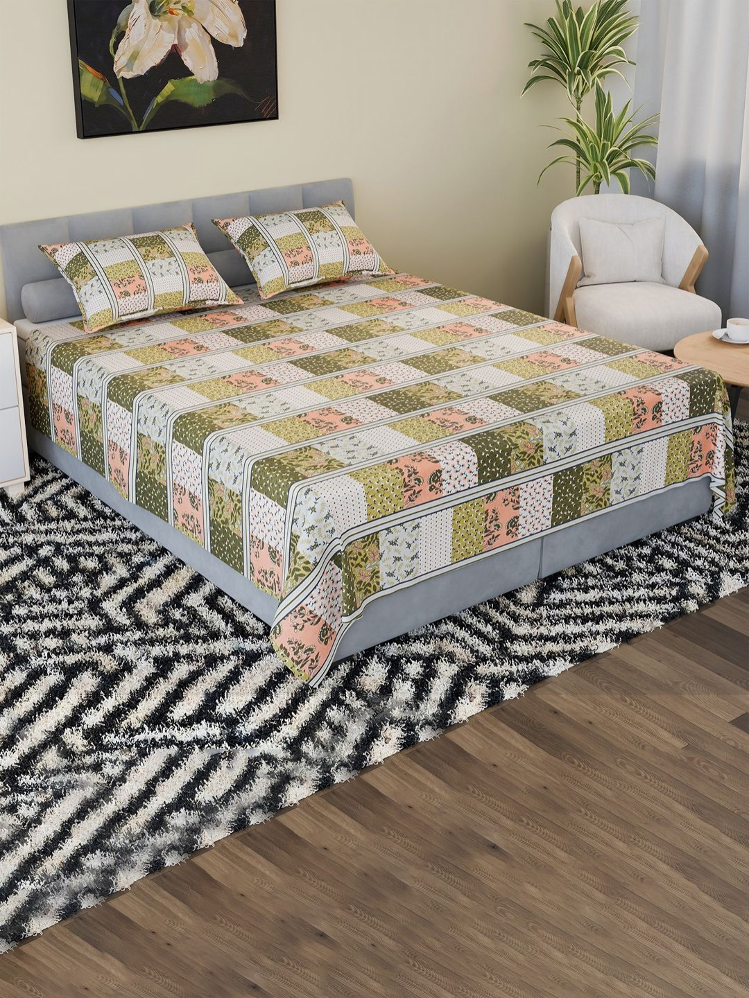 Aura Barik Flower Print White Floral Cotton 144 TC King Bedsheet with 2 Pillow Covers-100 x 90 inches