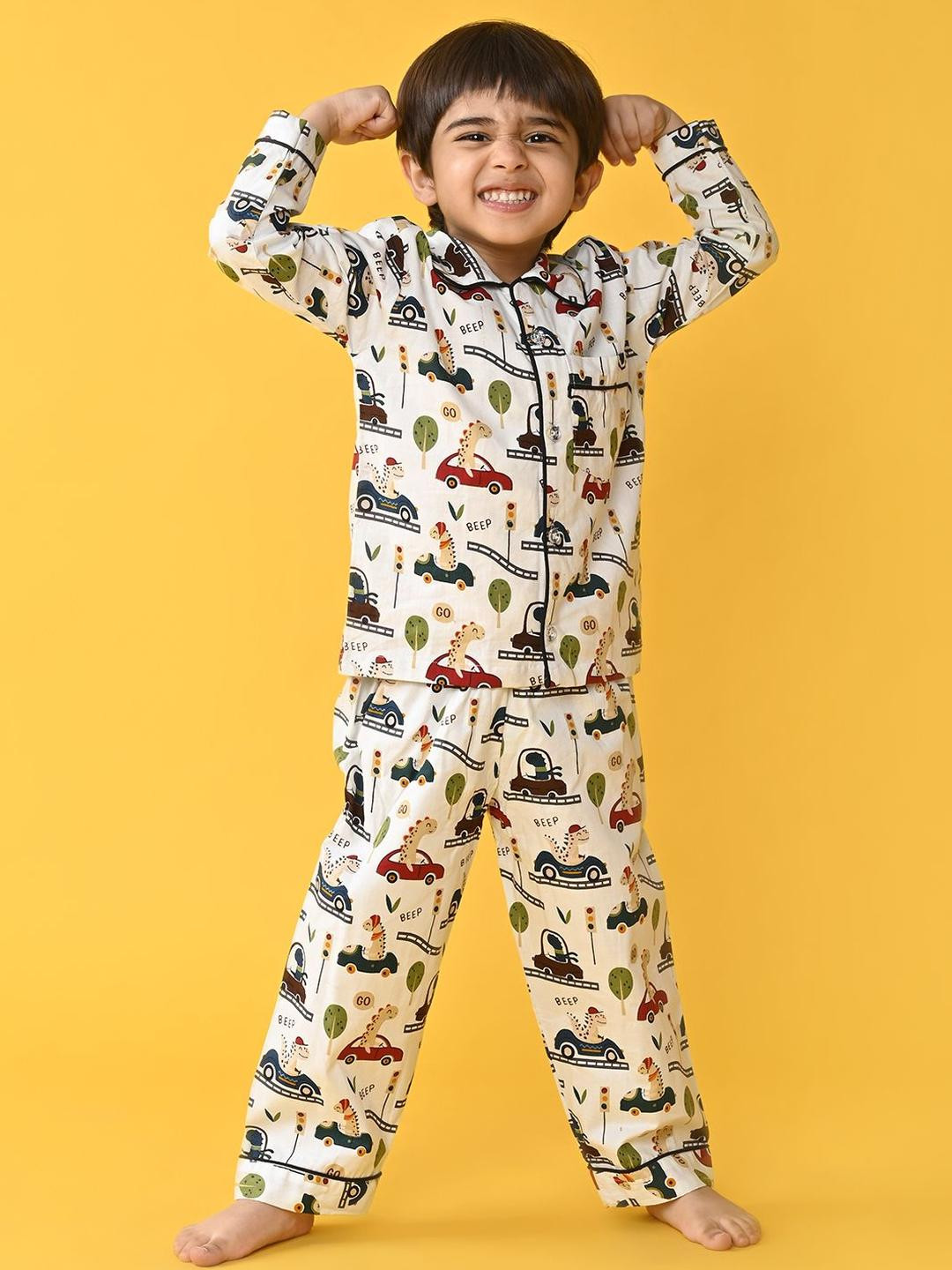 Jam & Sugar Printed Pure Cotton Lapel Collar Night Suits