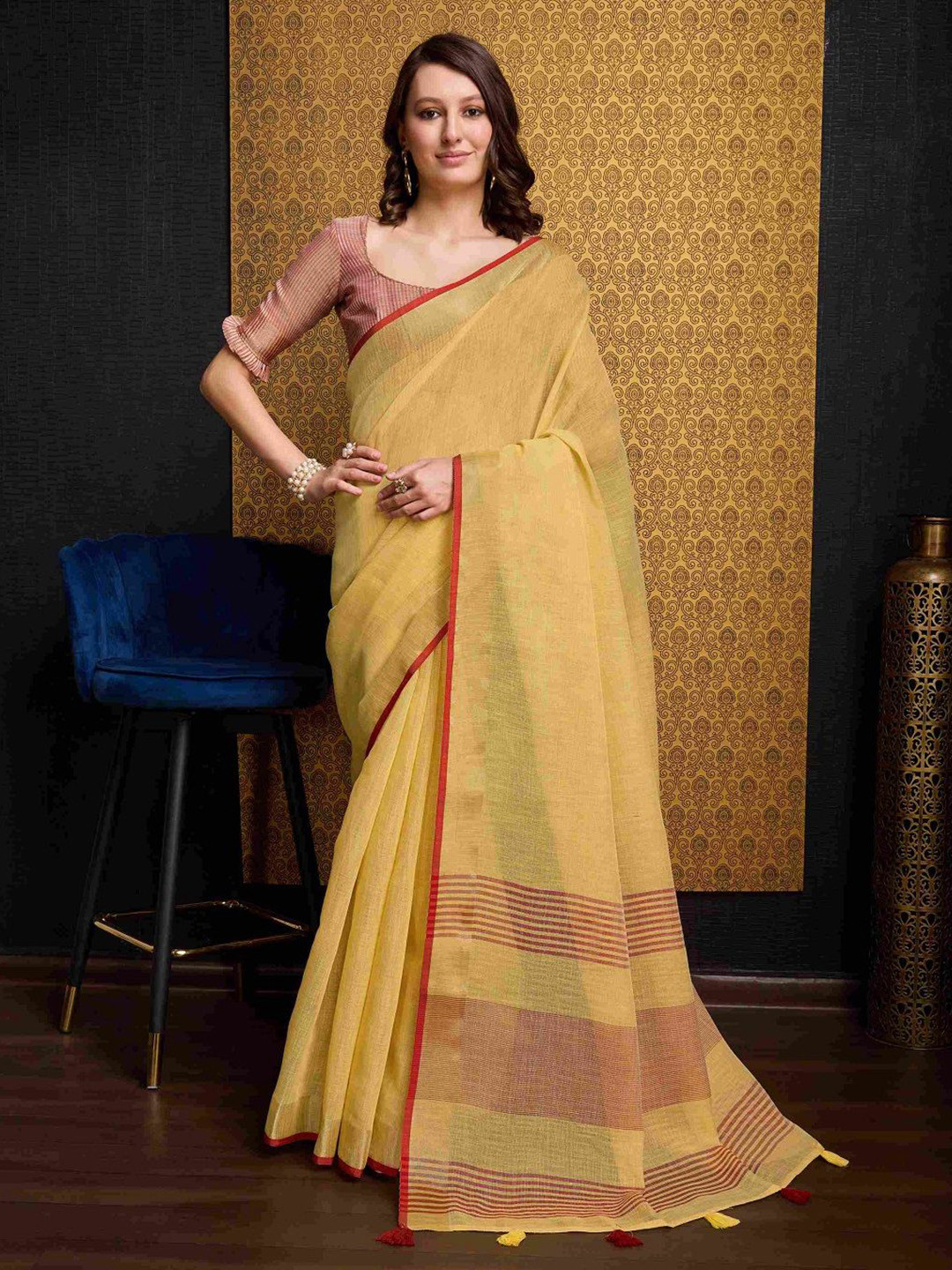 SWORNOF Zari Pure Linen Saree With Blouse Piece