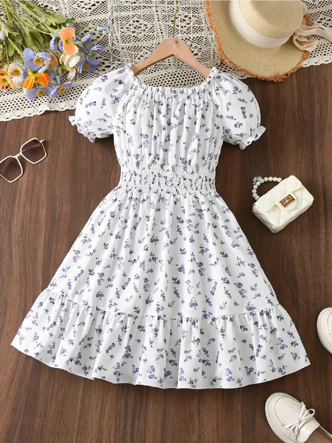 Billion Girl Floral Printed Puff Sleeves Smocked Bow Fit & Flare Midi Dress