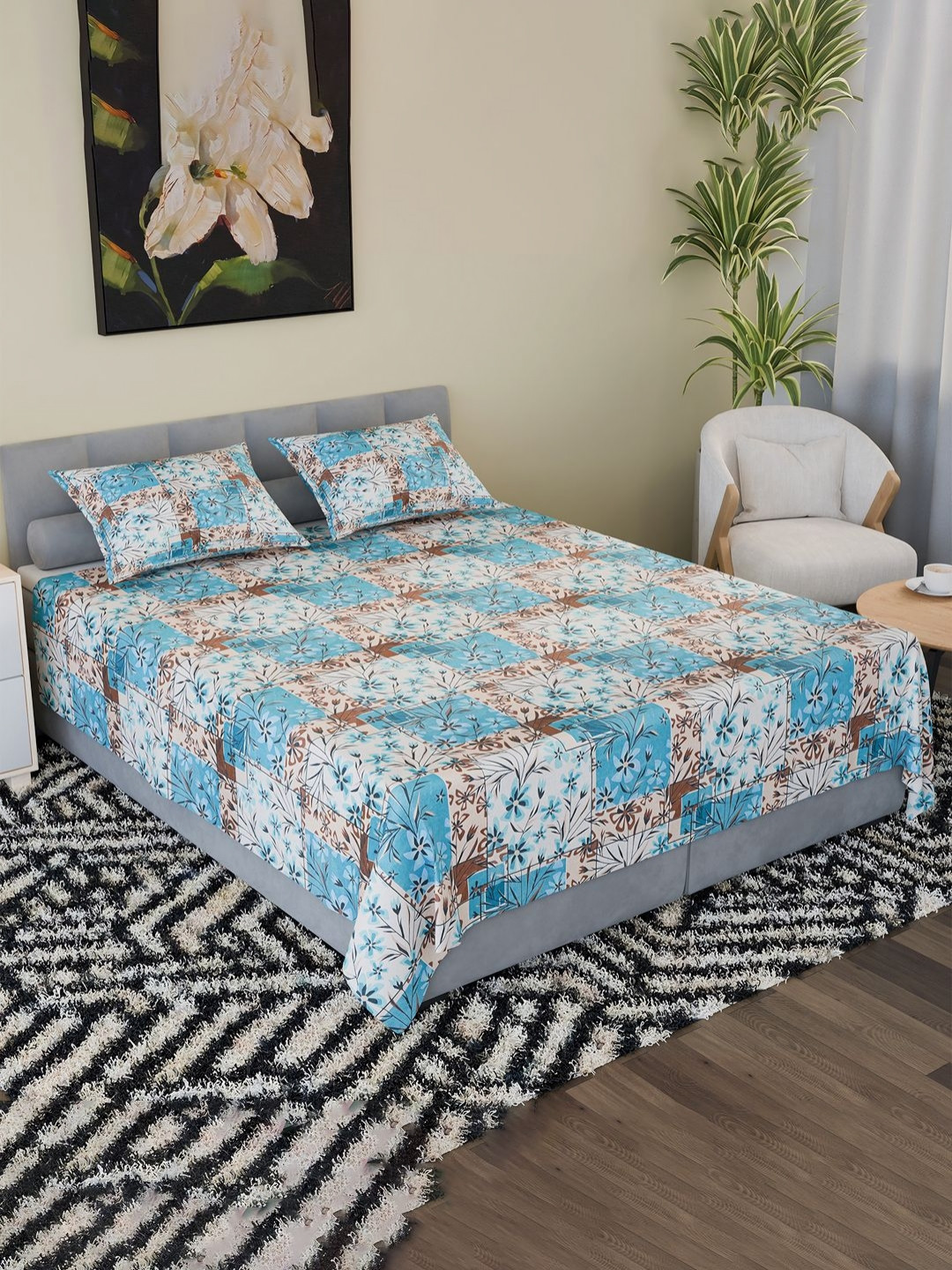 Aura Blue Floral Cotton Reversible 144 TC King Bedsheet with 2 Pillow Covers-94 x 89 inches