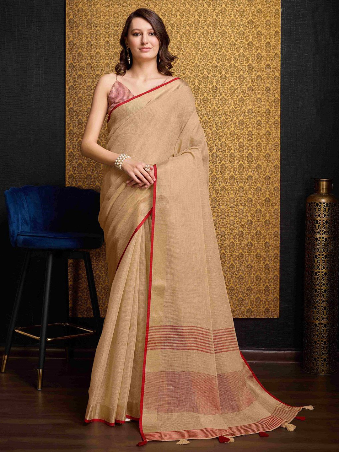 SWORNOF Zari Pure Linen Saree With Blouse Piece