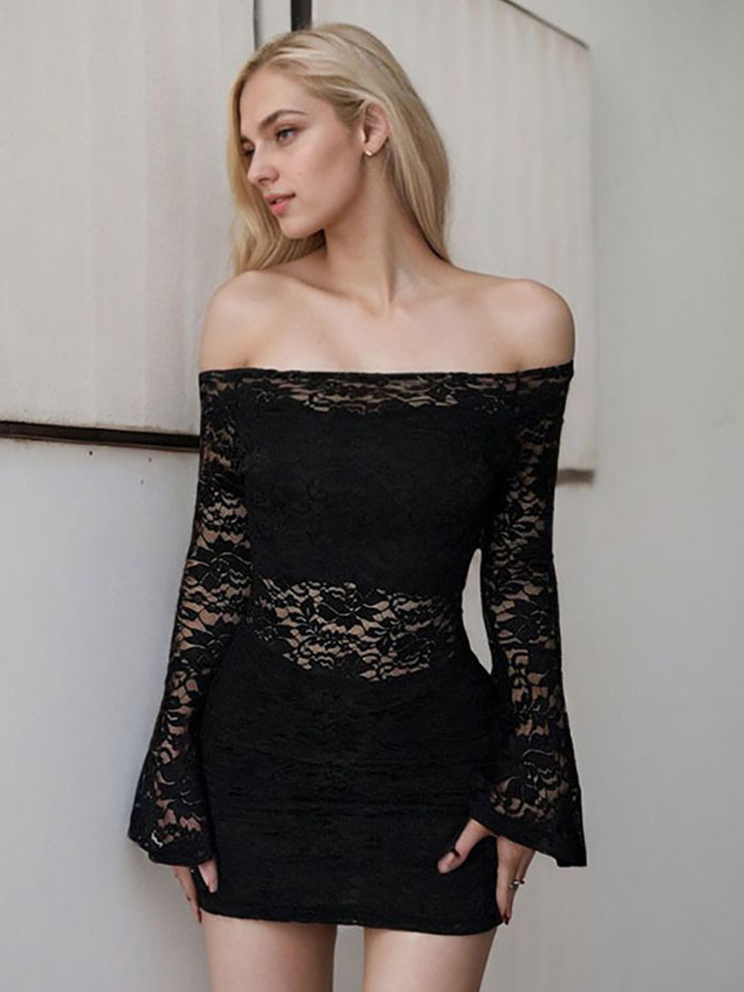 bebe Black Lace Off-Shoulder Bell Sleeves Bodycon Mini Dress