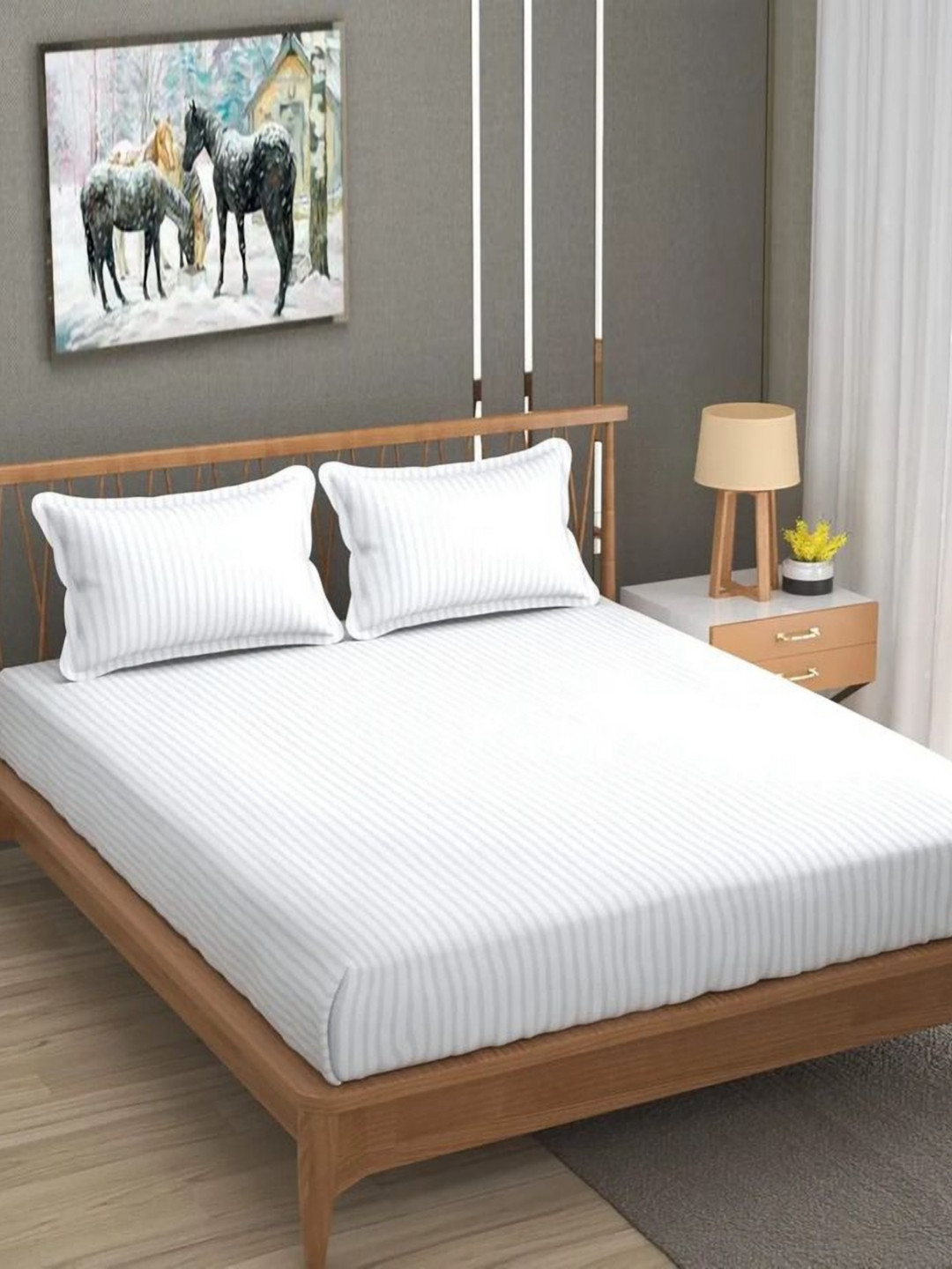 Bedbathandbliss White Striped 300 TC Bedsheet with 2 Pillow Covers