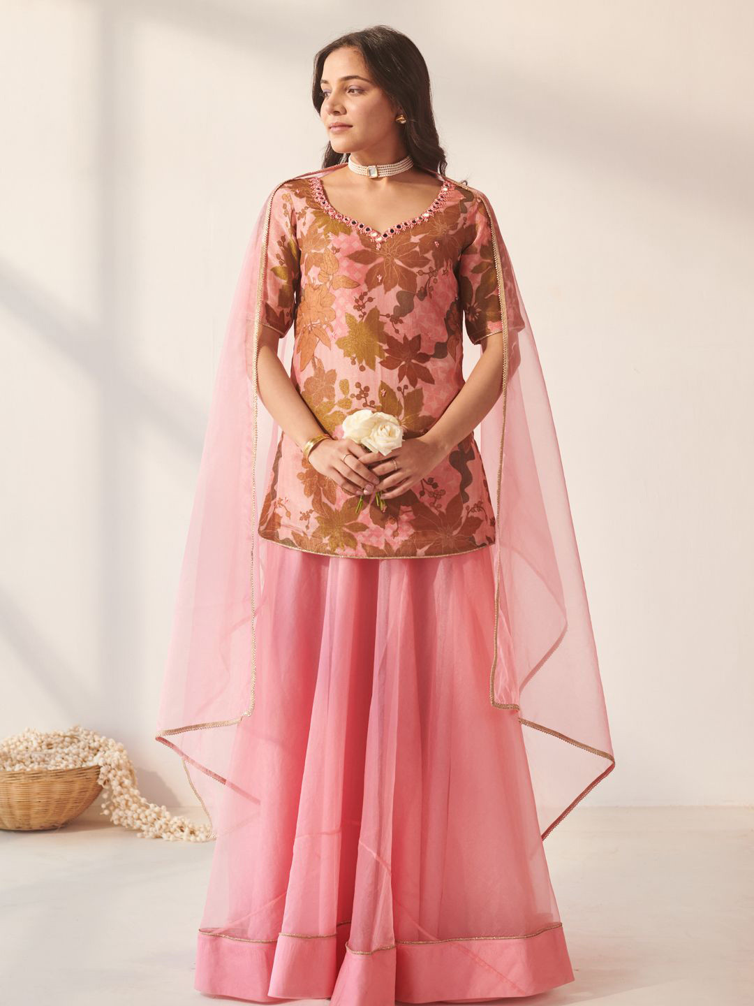 Ambraee Women Sorbet Pink Floral Lehenga Set