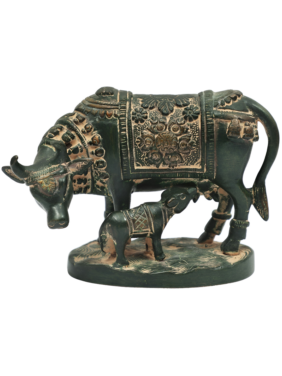 Exotic India Green & Beige Cow & calf Brass Figurine Showpiece