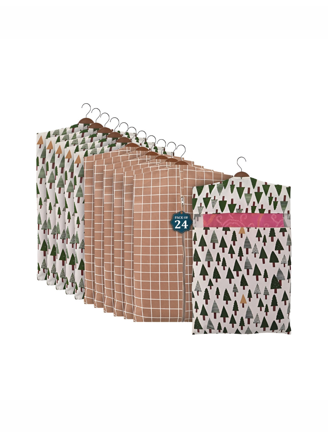 Aura Green & Brown 24 Pieces Cotton Hanging Clothes Packing Bags