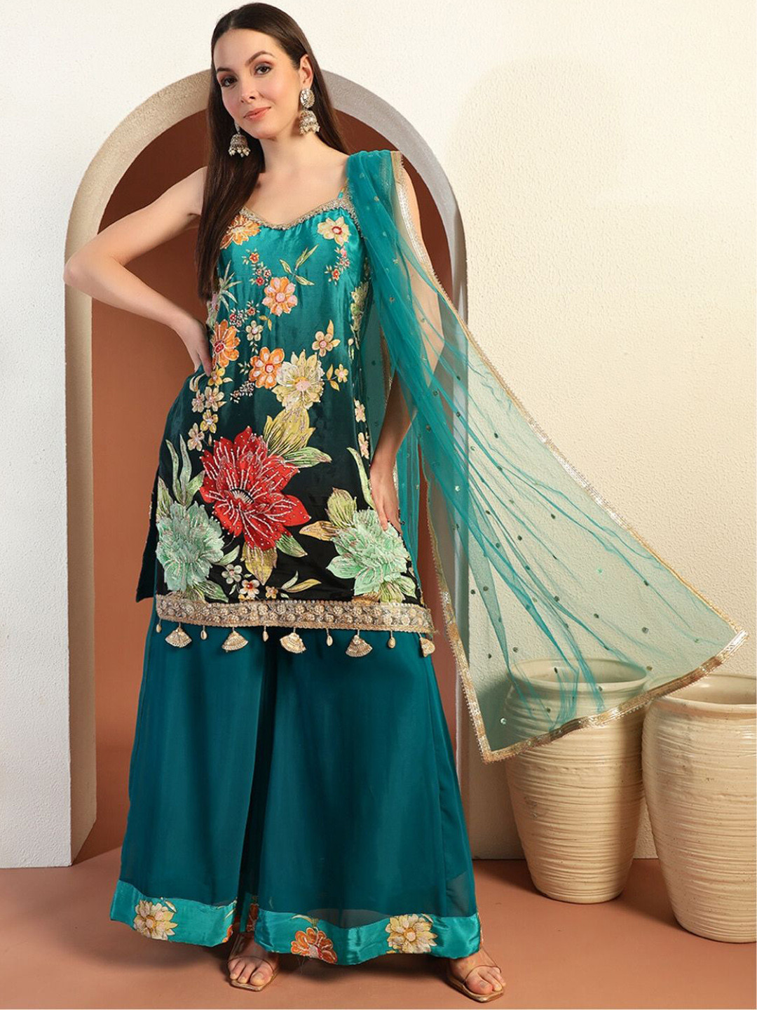 Chhabra 555 Digital Floral Printed & Pearl Embellished Kurta & Palazzo With Dupatta