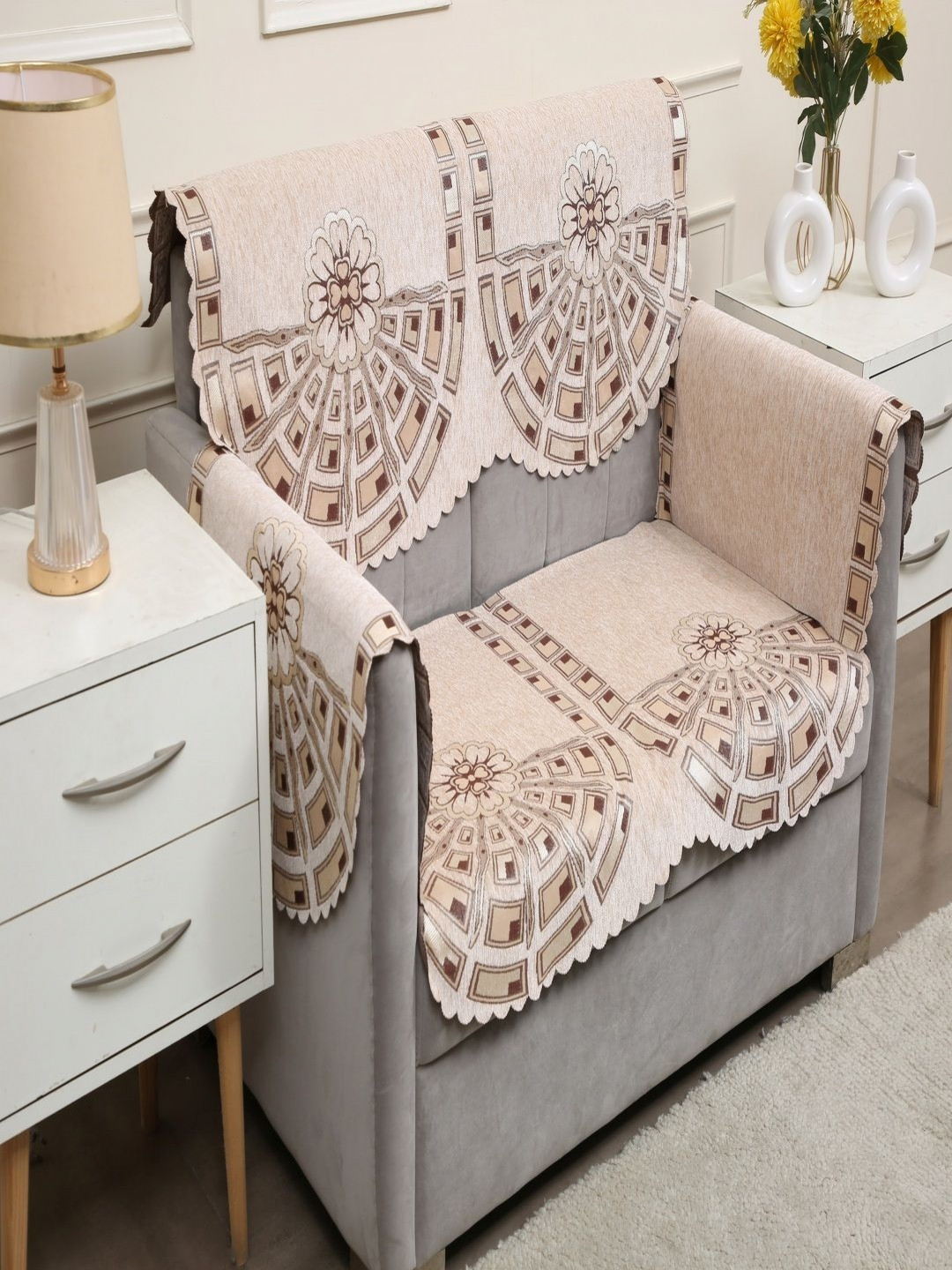 Fashion Throw Beige Pack of 4 Striped Jacquard Sofa Cover With Arms