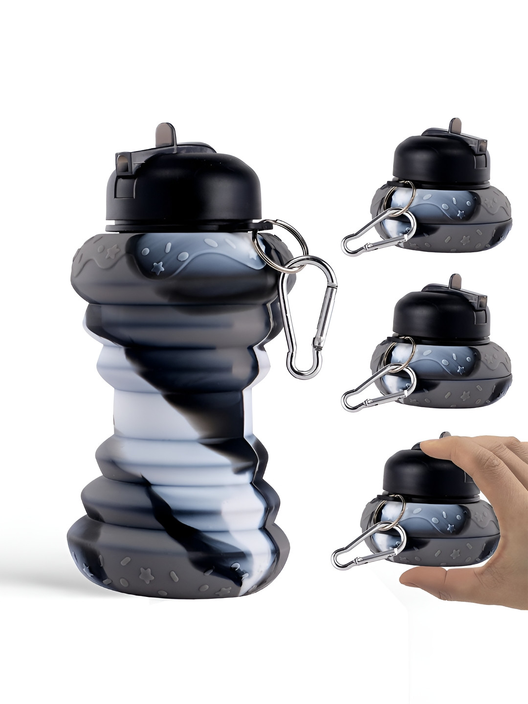 Aura Black Colourblocked Plastic Collapsible 3 Piece Water Bottle - 600ml