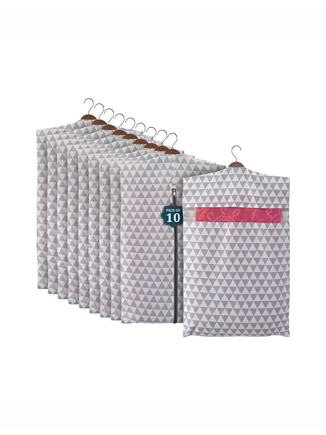Aura Grey & White 10 Pieces Printed Cotton Hanging Saree Storage Covers