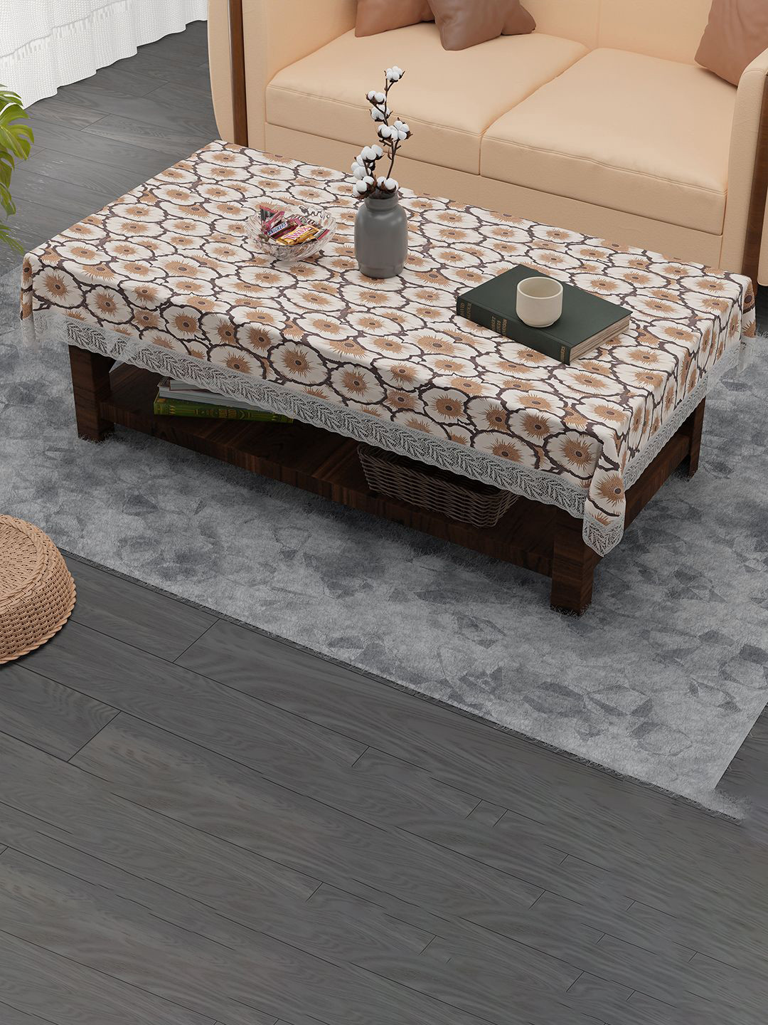 Kuber Industries Cream & Brown Flower 40x60 Inch Waterproof PVC Table Cover