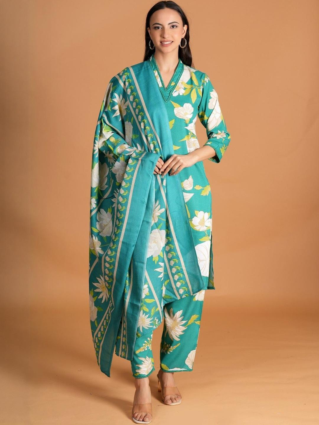 Dreambe Women Floral Printed Regular Pure Cotton Kurta with Trousers & With Dupatta
