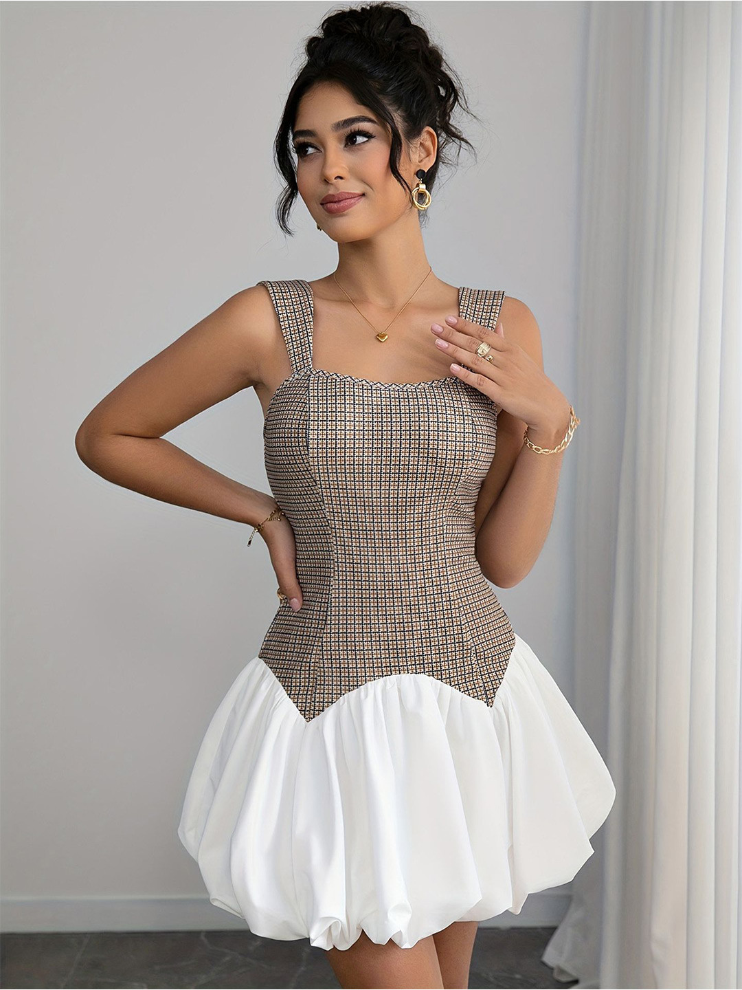 bebe Checked Drop-Waist Mini Dress