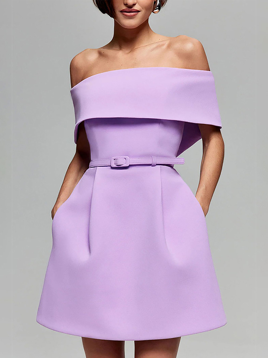 bebe Lavender Off-Shoulder Belted Waist Fit & Flare Mini Dress
