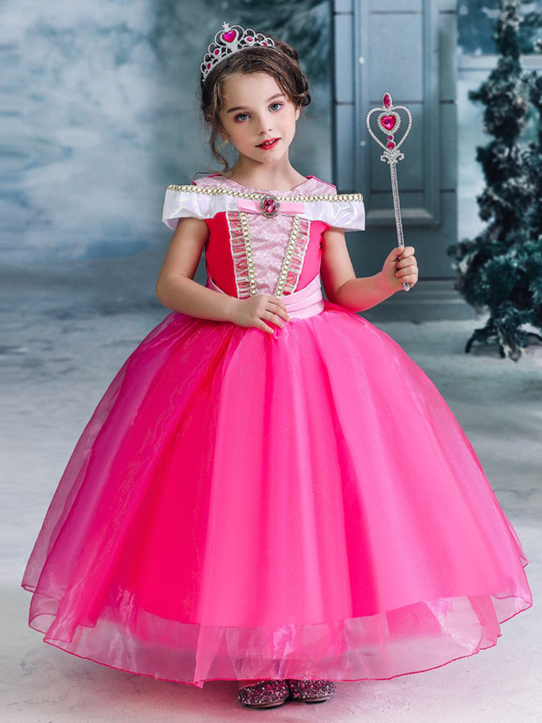 YK Kids Girls Off-Shoulder Fit & Flare Maxi Dress