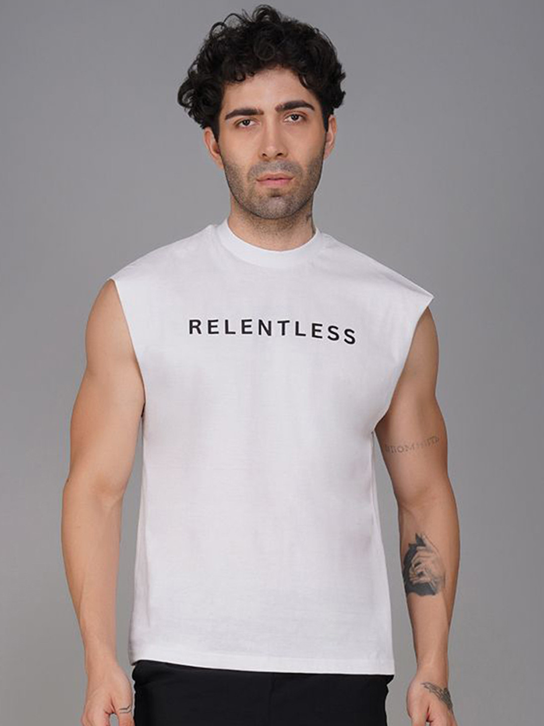 Brauch Printed Pure Cotton Gym Vest - M-VEST-RELENTLESS-WHT-S