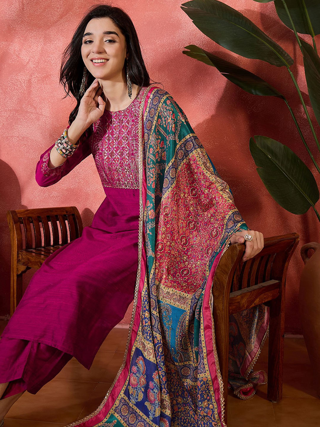 Sangria Embroidery Kurta With Trousers & Dupatta