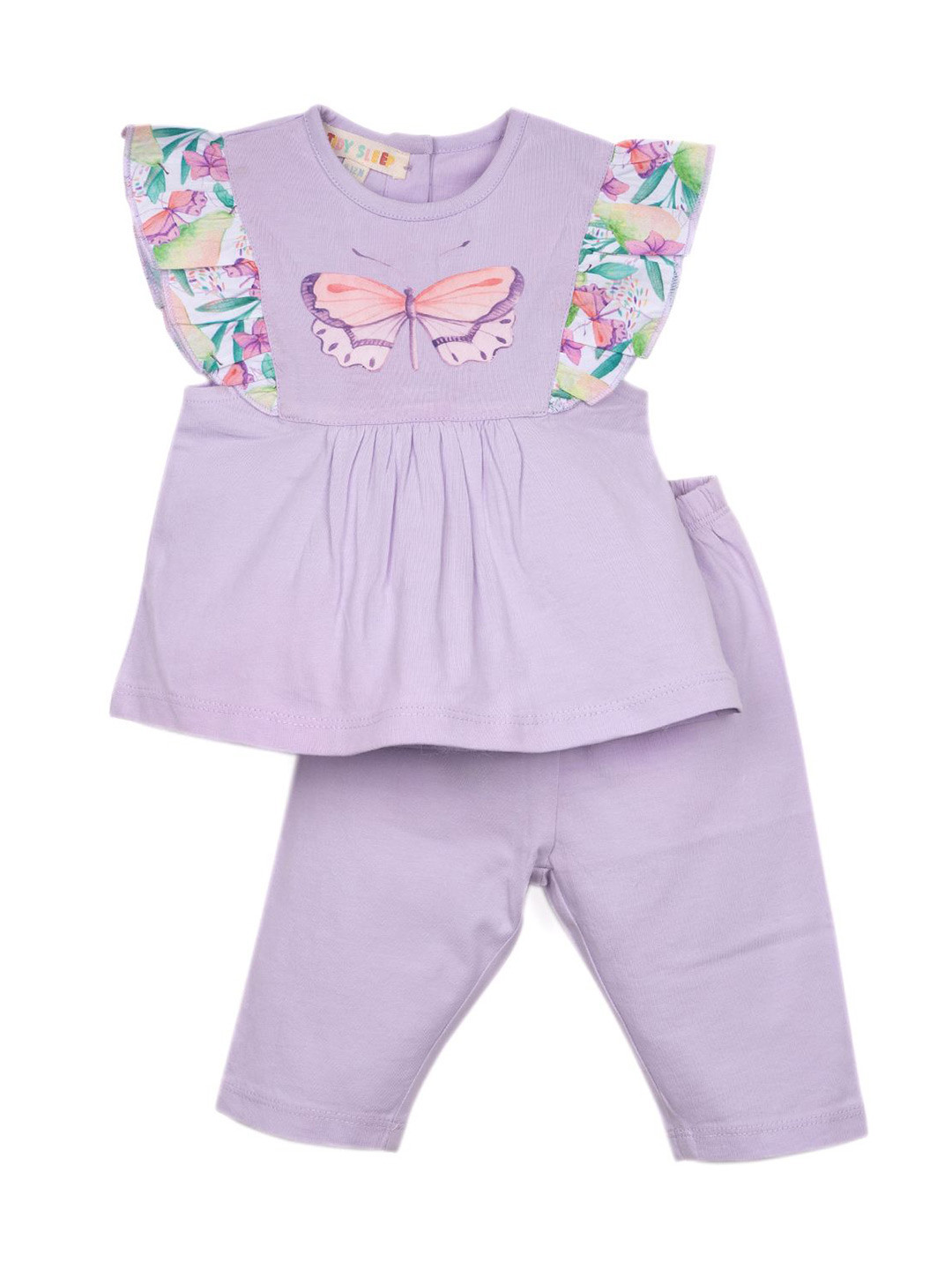 TIDY SLEEP Girls Butterfly Printed Round Neck Pure Cotton Top Wth Leggings