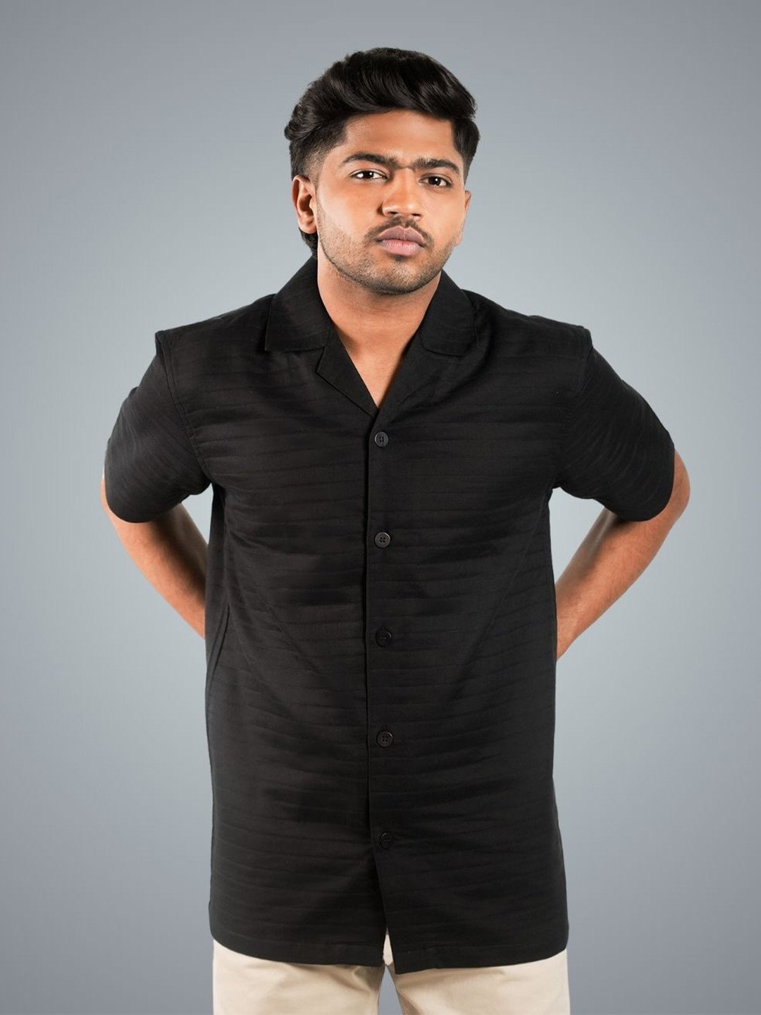 BlendCulture Men Oversized Fit Textured Cuban Collar Cotton Casual Shirt