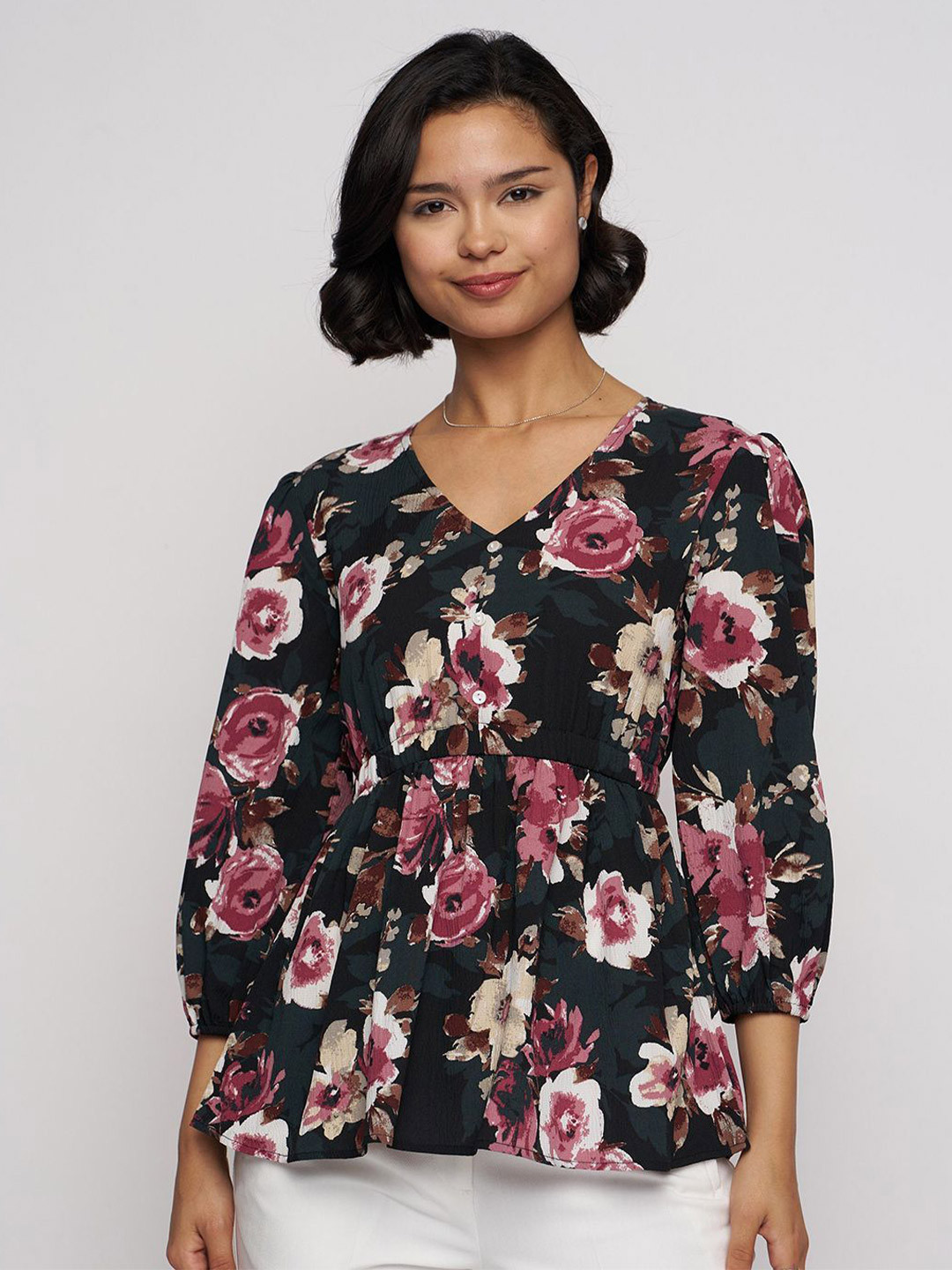 DressBerry Floral Printed Puff Sleeve Crepe Peplum Top