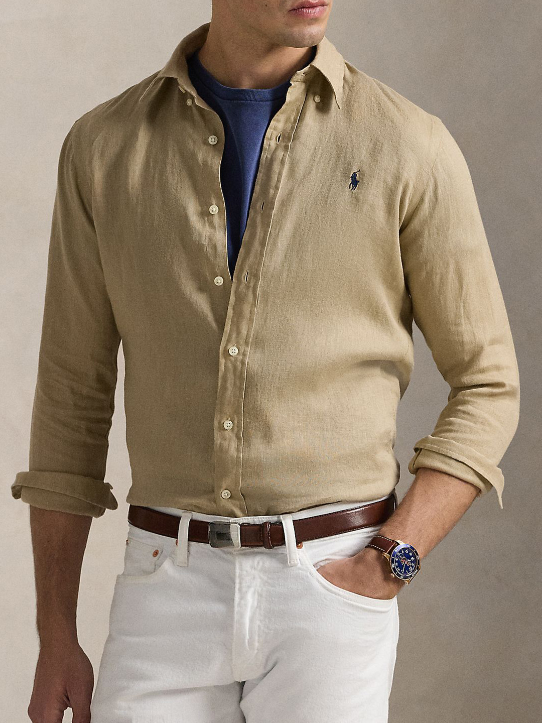 Polo Ralph Lauren Men Slim Fit Solid Button-Down Collar Linen Casual Shirt