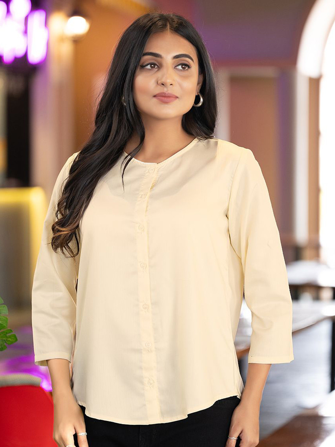 AMOUS Collarless Three-Quarter Sleeves Cotton Shirt