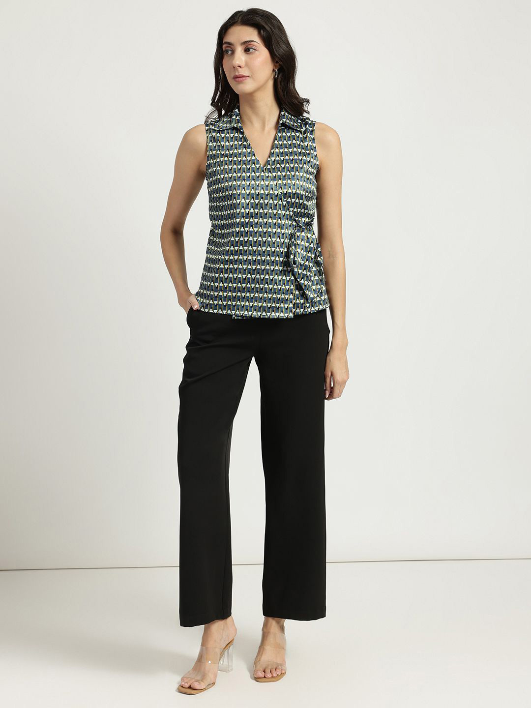 FableStreet Women Green Geometric Printed Satin Wrap Top