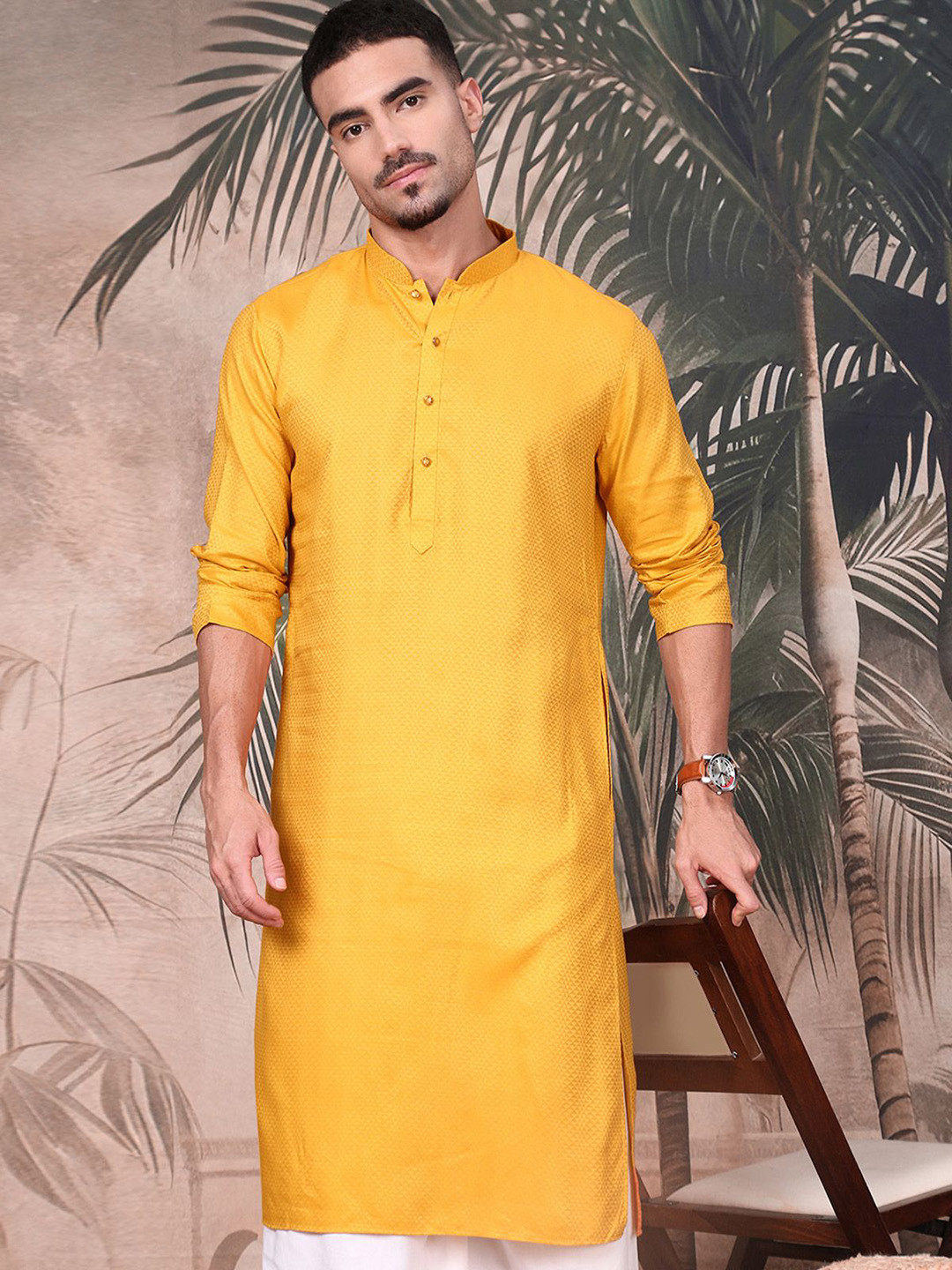 Sangria Textured Pattern Cotton Mandarin Collar Straight Kurta