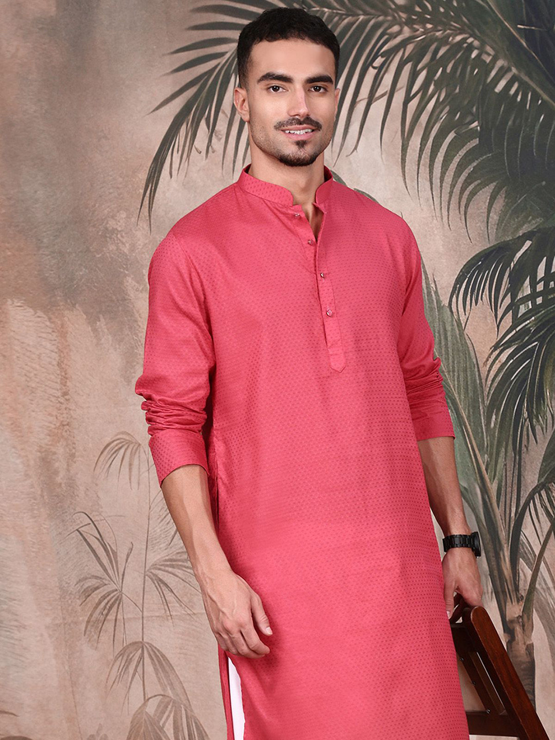 Sangria Men Woven Design Mandarin Collar Cotton Straight Kurta