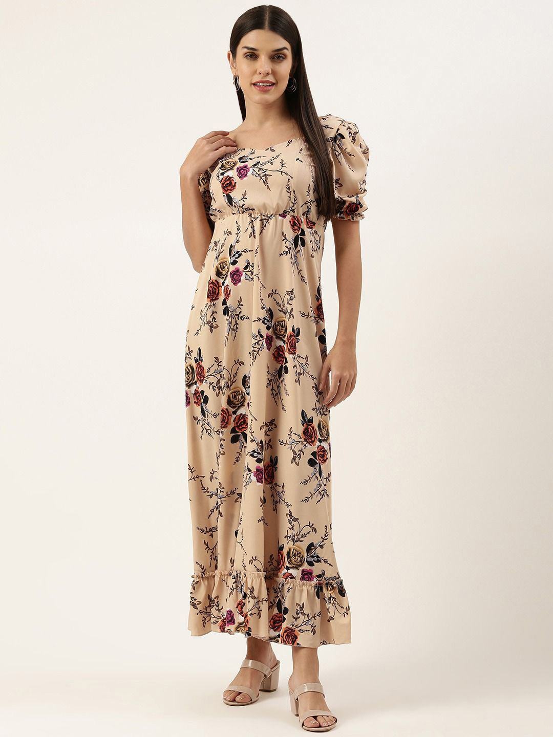 Moda Rapido Women Floral Printed Puff Sleeve Crepe Fit & Flare Maxi Dress