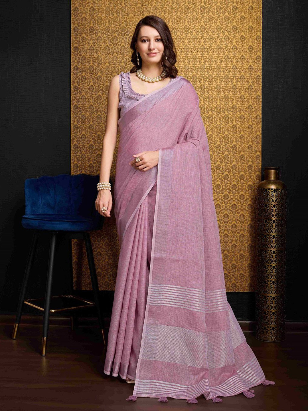 SWORNOF Women Solid Zari Pure Linen Saree