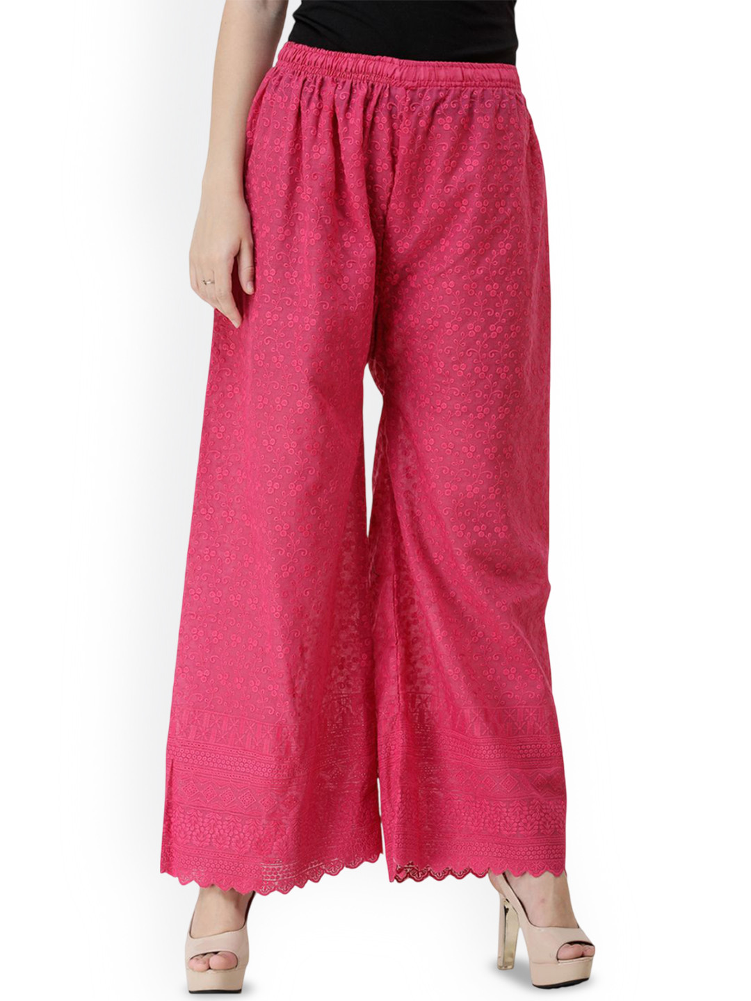Exotic India Women Relaxed Wide Leg Palazzos With Crochet Embroidery