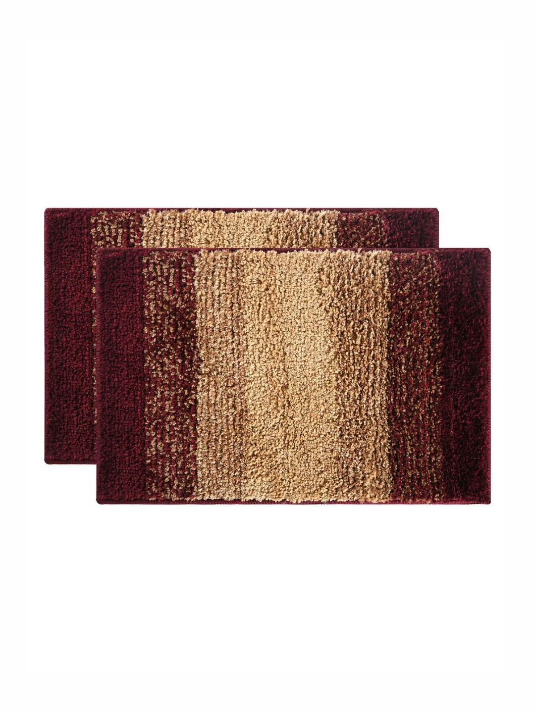 Aura 2-Pcs Maroon & Cream-Colored Striped Microfibre Anti-Skid Bath Rugs