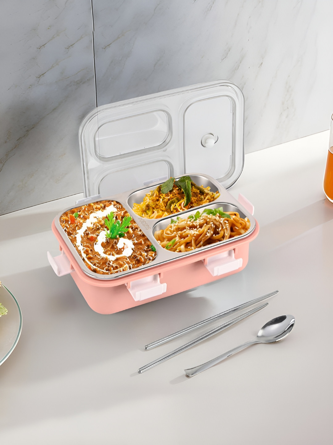 Aura Pink Solid Plastic Safe Pack 4PCs Lunch Box With Spoon and Fork