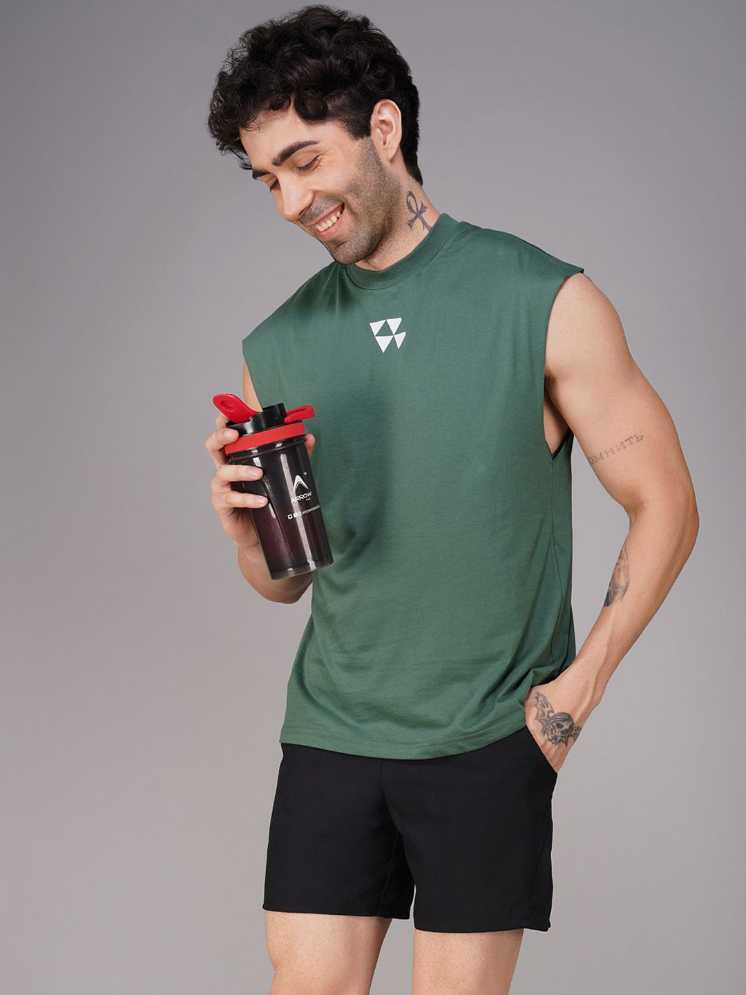 Brauch Printed Drop shoulder Gym Vest - M-VEST-BACK-TRAININGDEPT-OLIVE-S