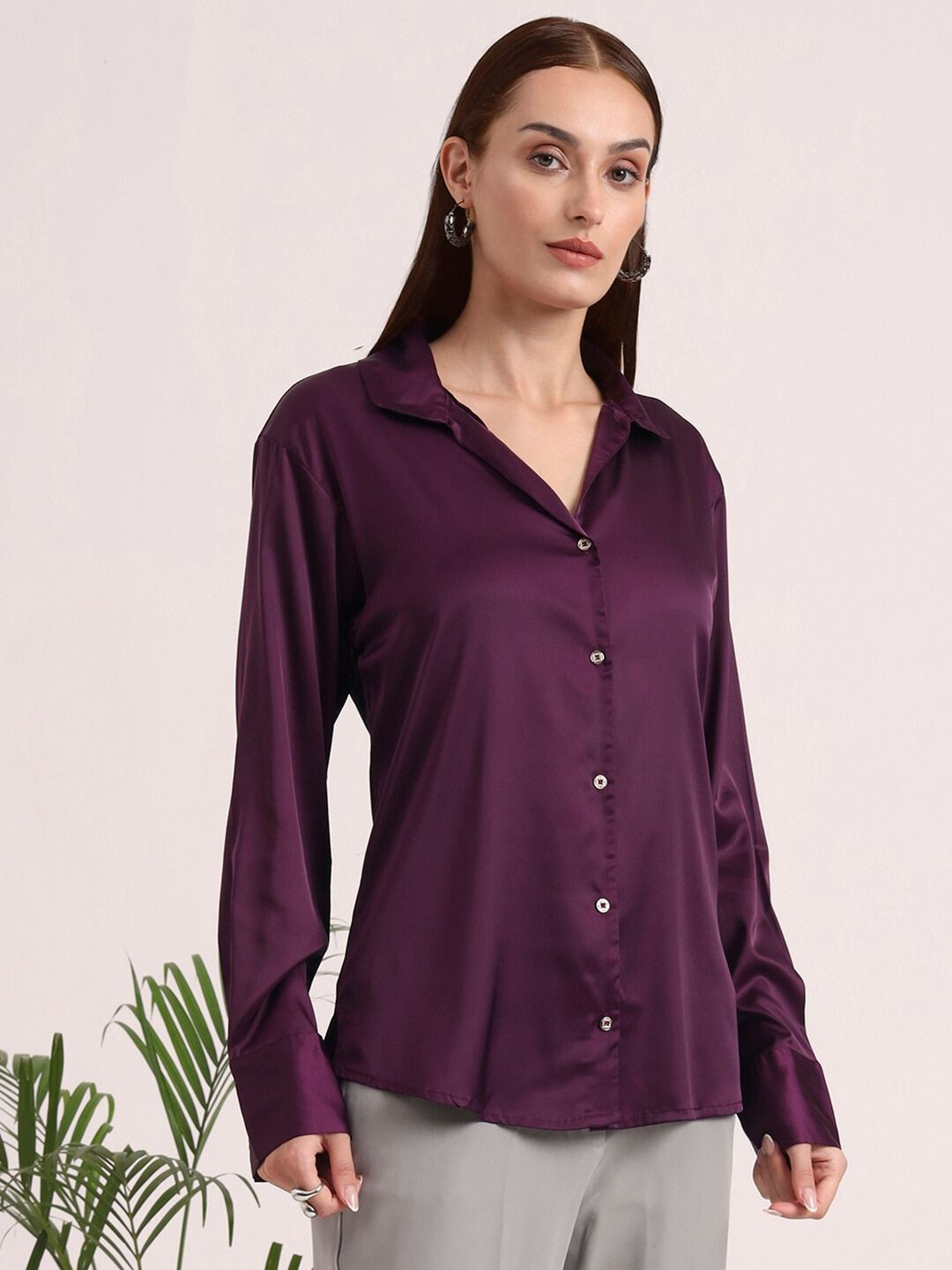 AMSWAN Women European Satin Spread Collar Shirt