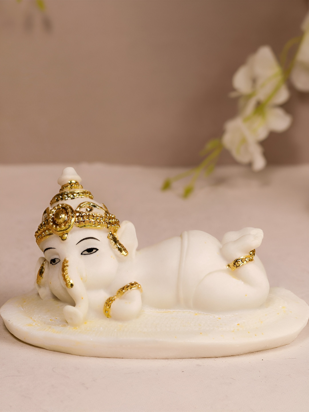 Art Street Resting Ganesha White Marble Glossy Living Room Tiny Showpiece - 2.8 Inches