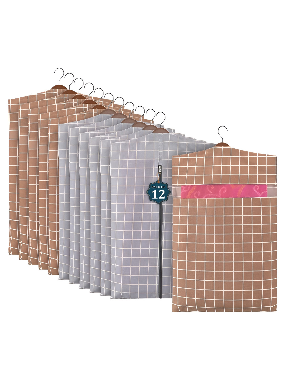 Aura Grey 12Pcs Mesh Window Cotton Hanging Saree Cover & Storage Multi-Utility Organisers