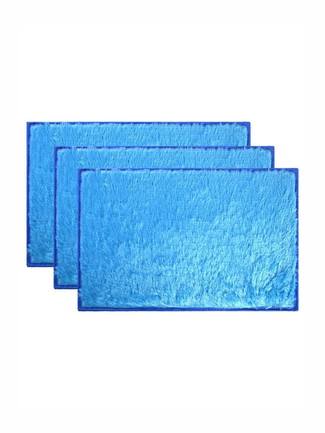 Aura Set Of 3 Sky Blue Anti Skid Self Design Cotton Bath Rugs