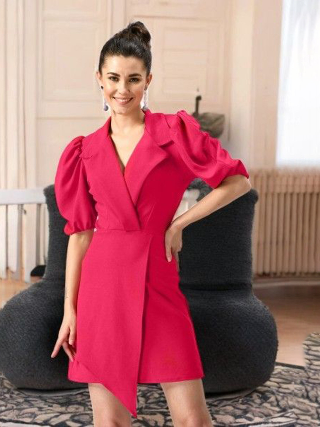 CORSICA A-Line Shirt Coller Puff Sleeve Dress