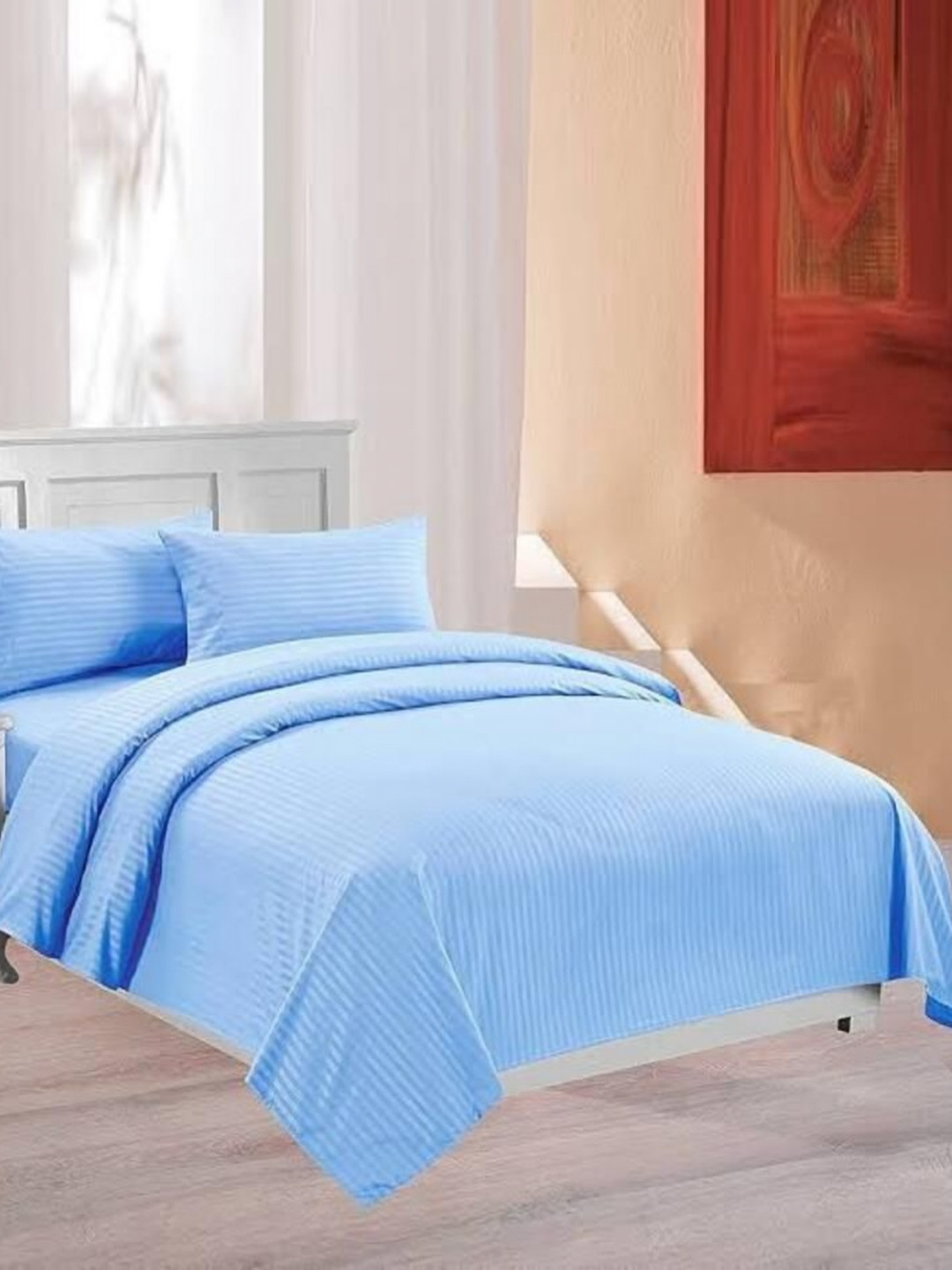 Bedbathandbliss Blue Striped Polycotton 300 TC Super King Superfine Bedsheet with 2 Pillow Covers-108 x 108 inches