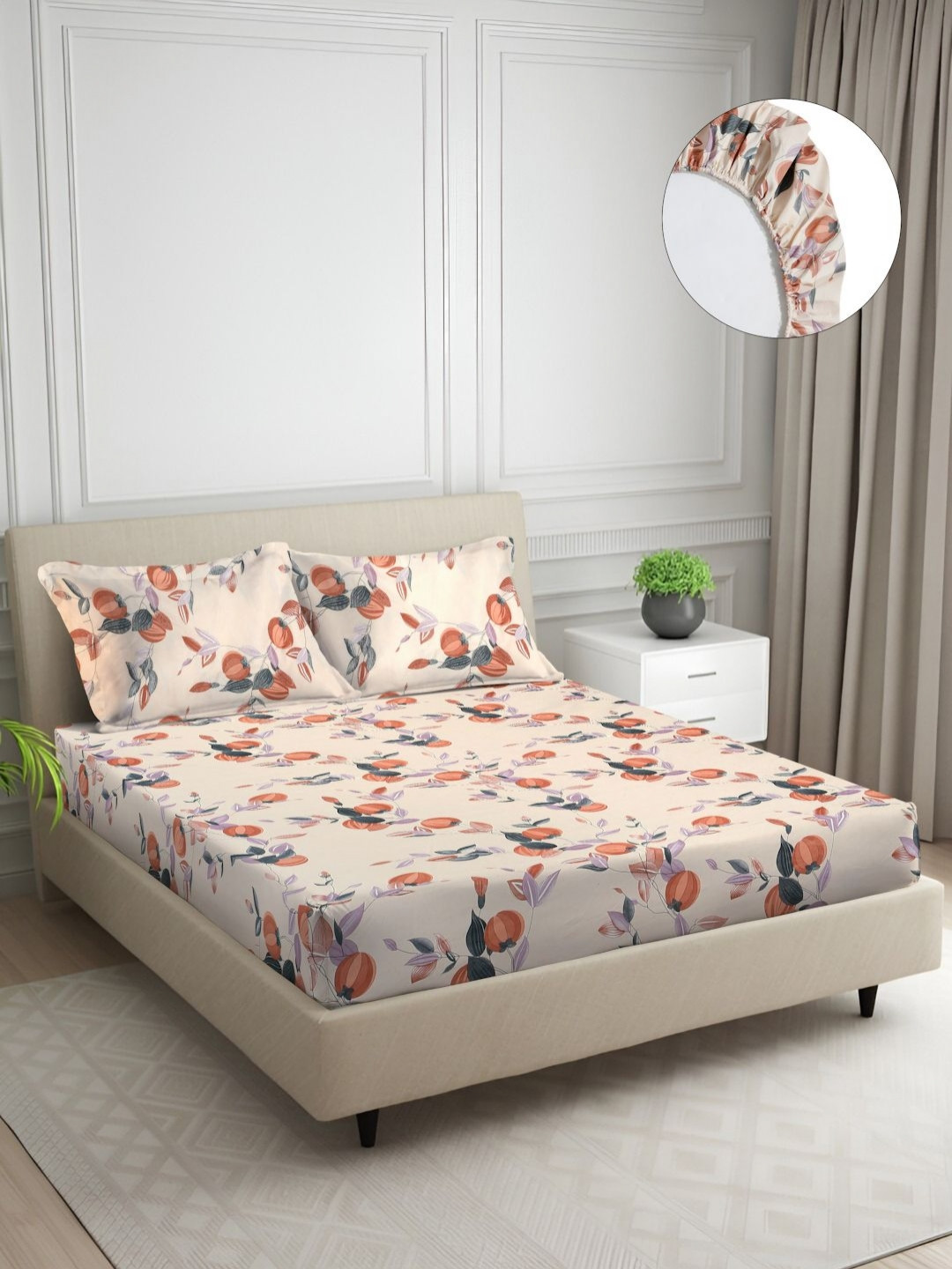 Signature Lilly Design 2 Peach Leaf Cotton 120 TC Fitted King Bedsheet with 2 Pillow Covers-72 x 88 inches