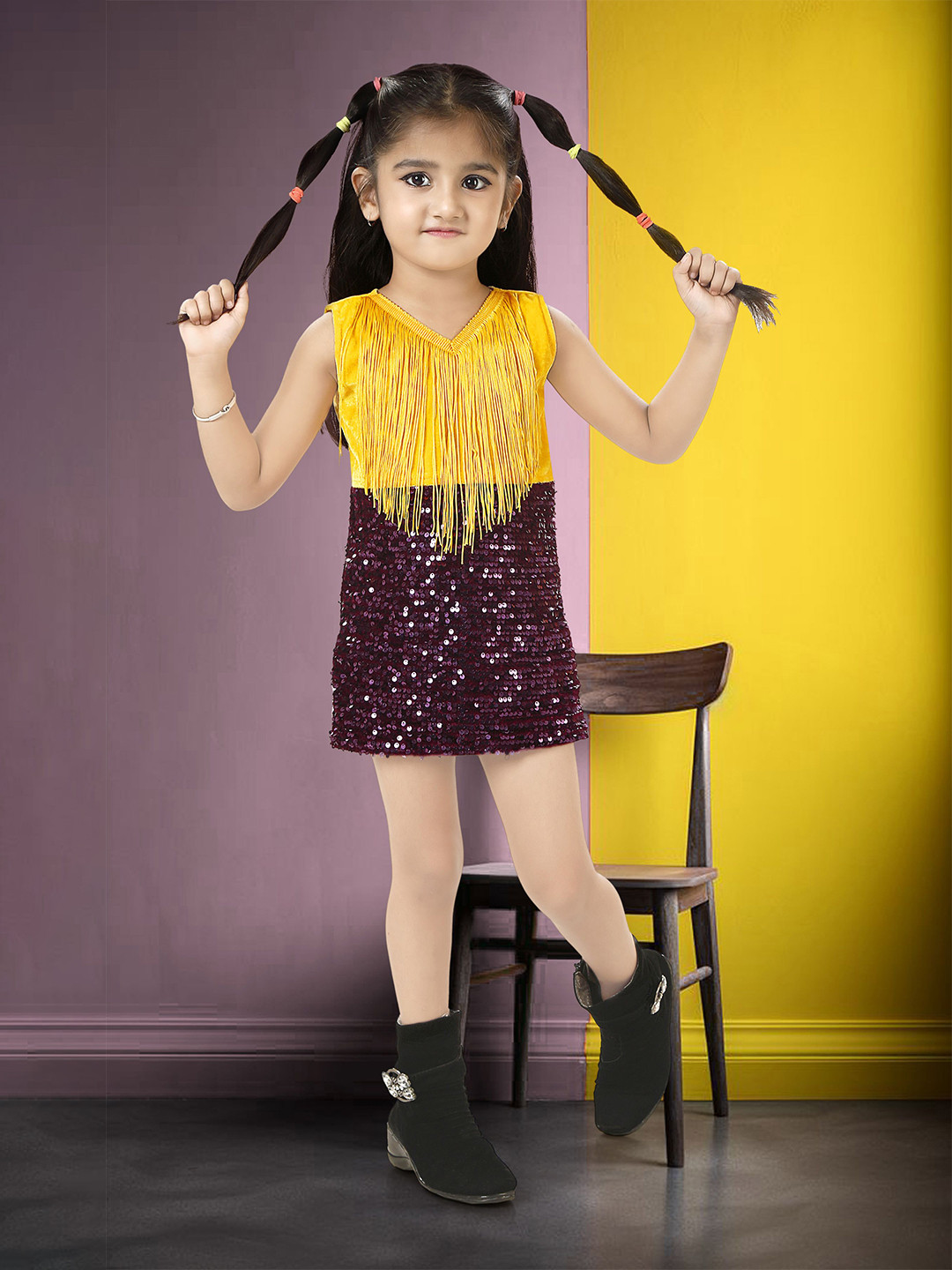 Miss & Chief Girls Embellished Fringed Cotton Bodycon Party Dress