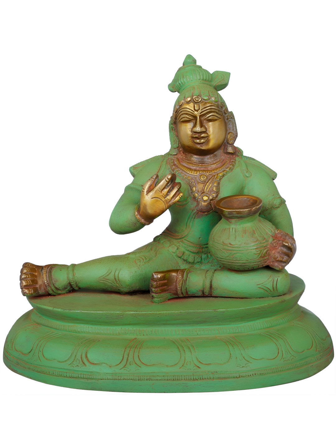 Exotic India Green & Gold Toned Lord Krishna Religious Brass Idol Showpiece