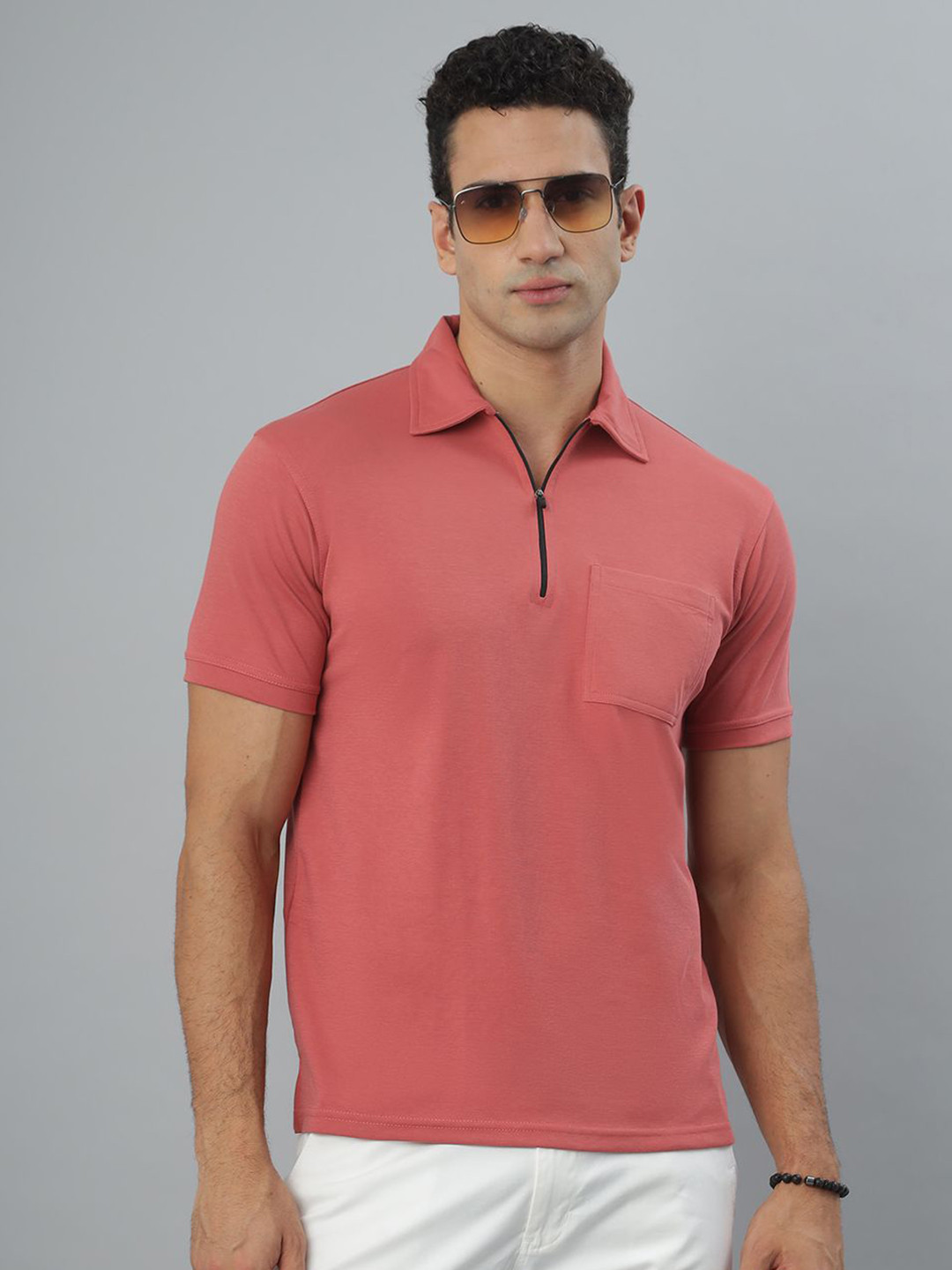 BLUWEEA Men Pink Solid Polo Collar Cotton Blend Jacquard Half Zip T-shirt