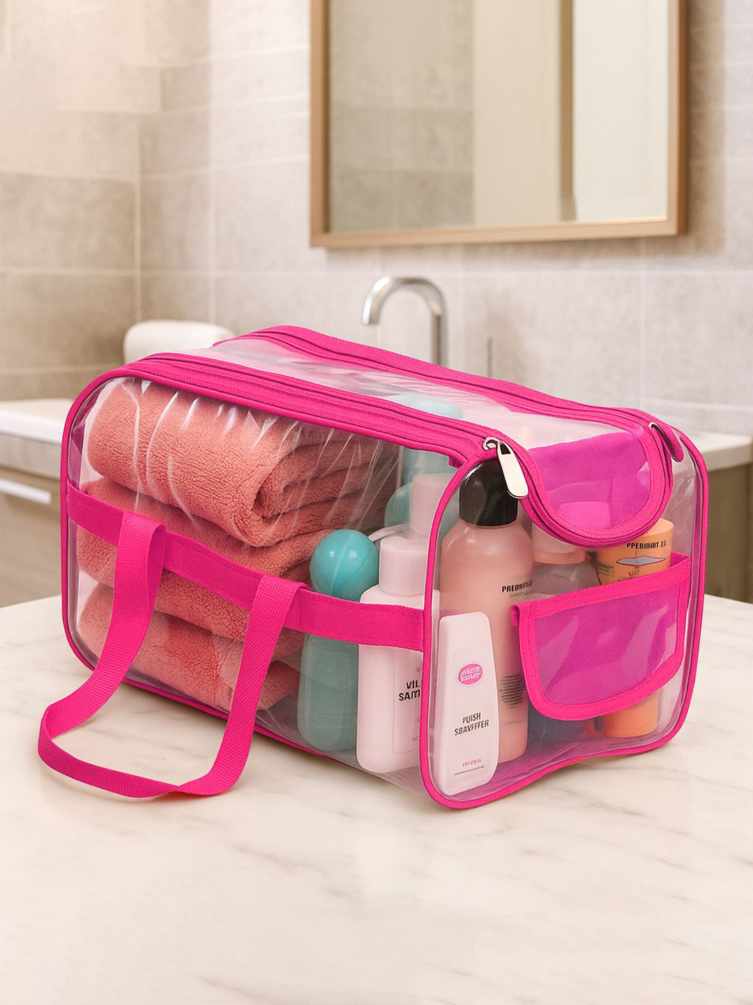 Kuber Industries Pink & Transparent Waterproof Small Travel Toiletry Bag
