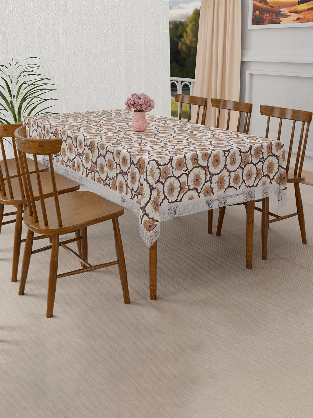 Kuber Industries Cream-Coloured & Brown Floral Waterproof 6-Seater Rectangle Table Cover