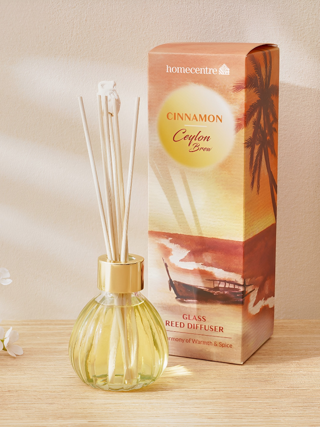 Home Centre Yellow Glass Cinnamon Reed Diffuser Set