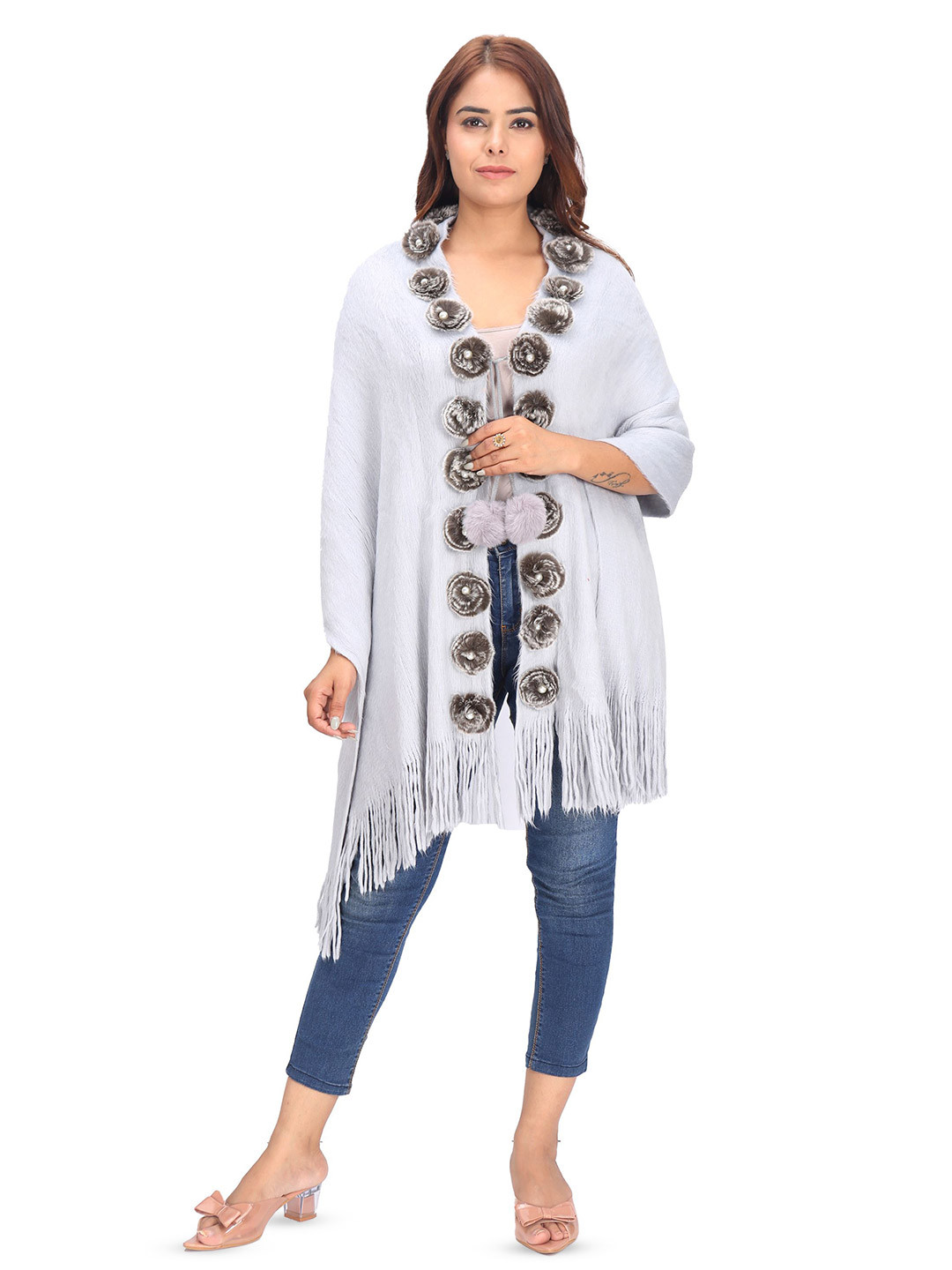 Manra Women Pom Pom Detailed Stole With Fringed Border